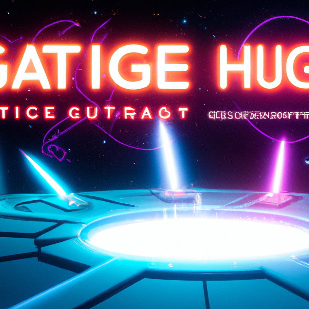 Futuristic arcade stage with players and neon UI